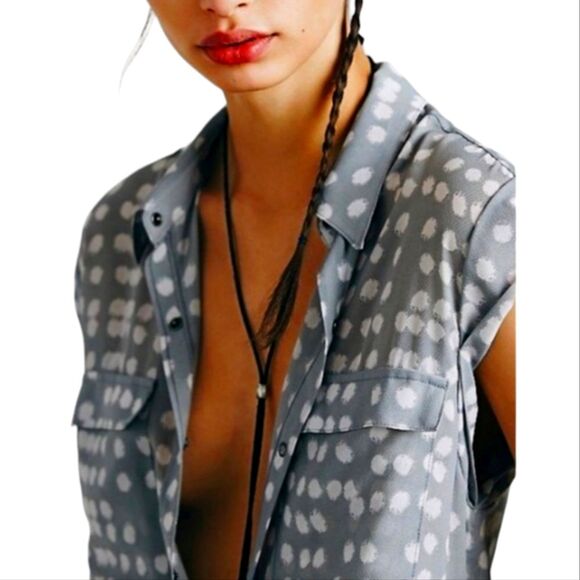 Free People Maxi Duster Cardigan Sleeveless Sheer Dot Lace Blouse Gray White L - Picture 3 of 16